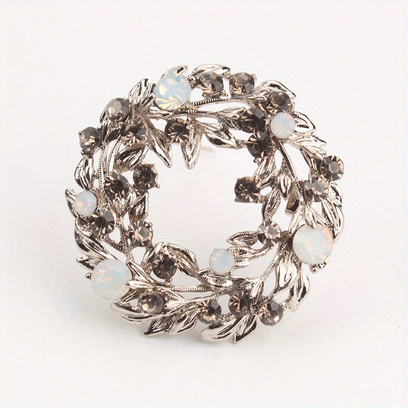 Vintage Floral Brooch with Rhinestones and Enamel Leaf Garland for Women