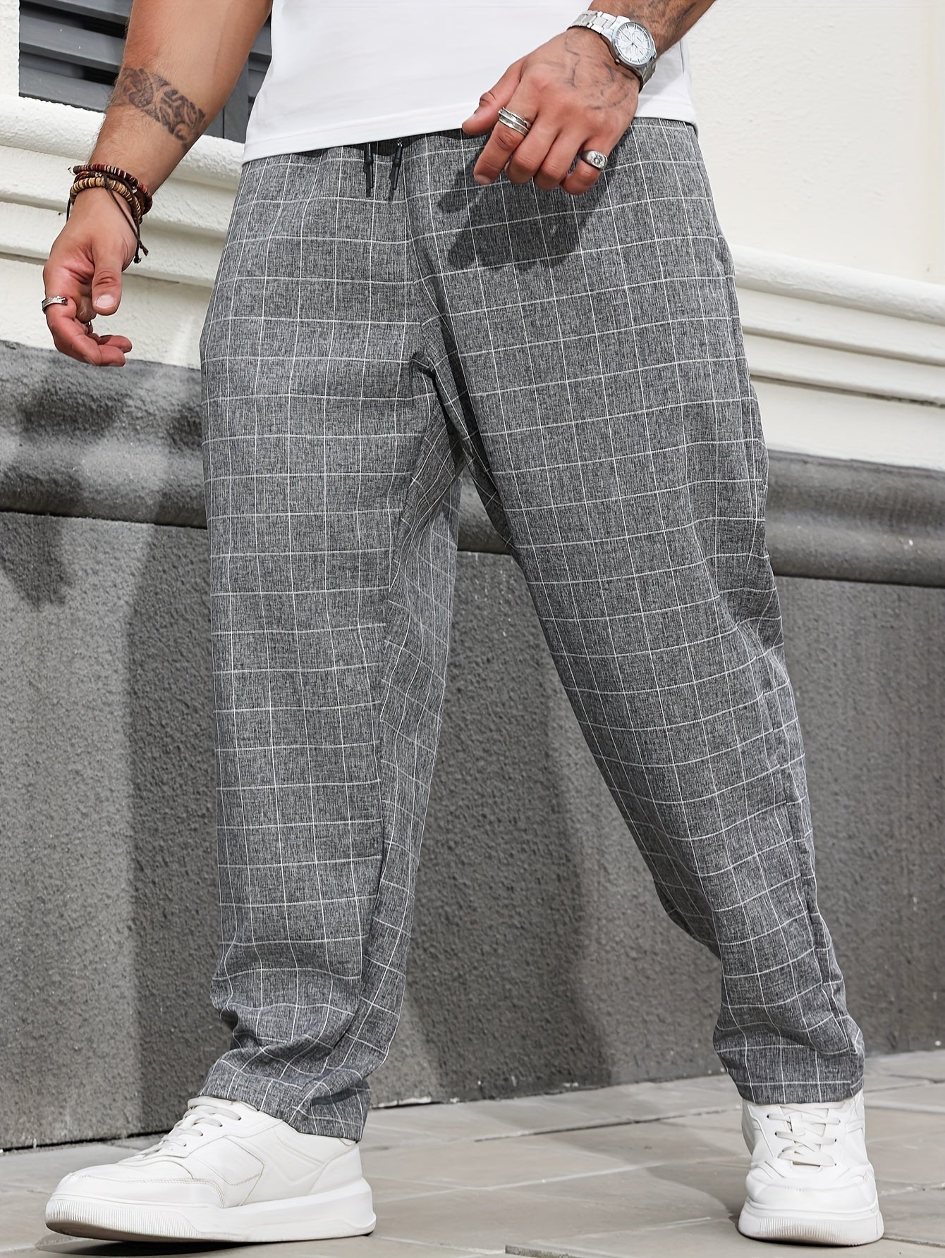 Plus Size Men's Oversized Plaid Pants Breathable Polyester All-Season