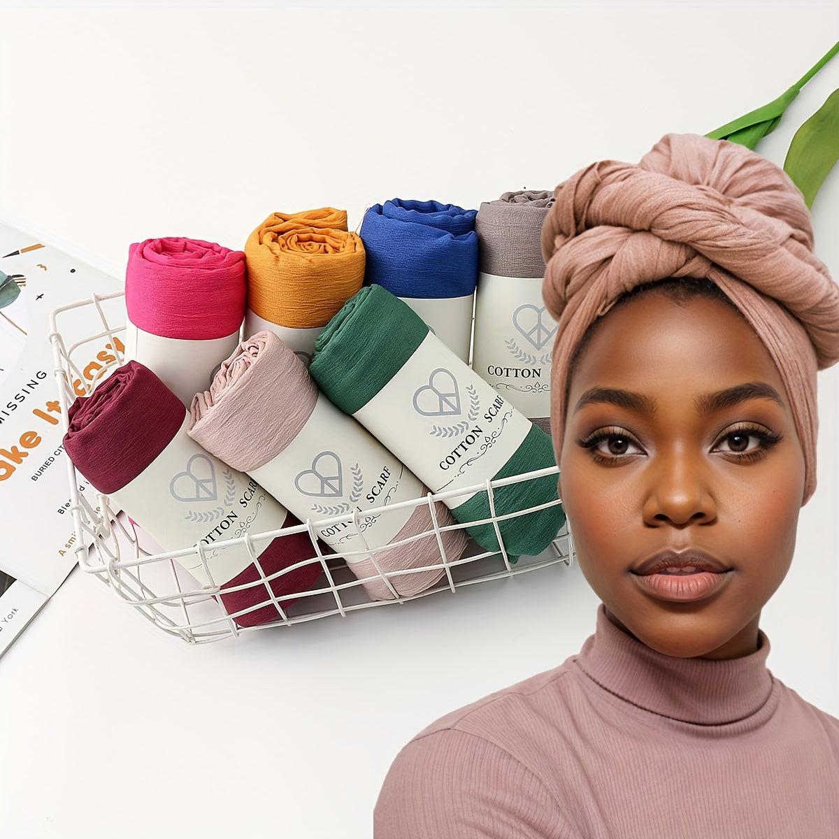 Women's Cotton Hijab Scarf Solid Color Decorative Knot Wrinkle-Resistant Sun Protection