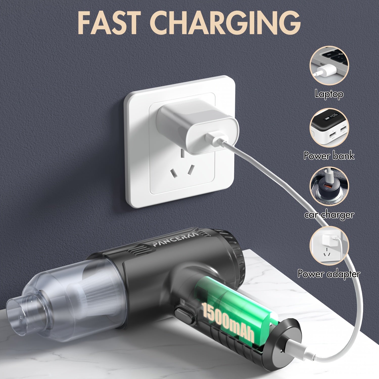 PANCERKA Qo'l bilan ishlatiladigan Avtomobil Changyutgichi, 6000PA Portativ Simsiz, Ko'p nozzle'lar, Avtomobil, Uy, Hayvon, Ofis uchun ixcham