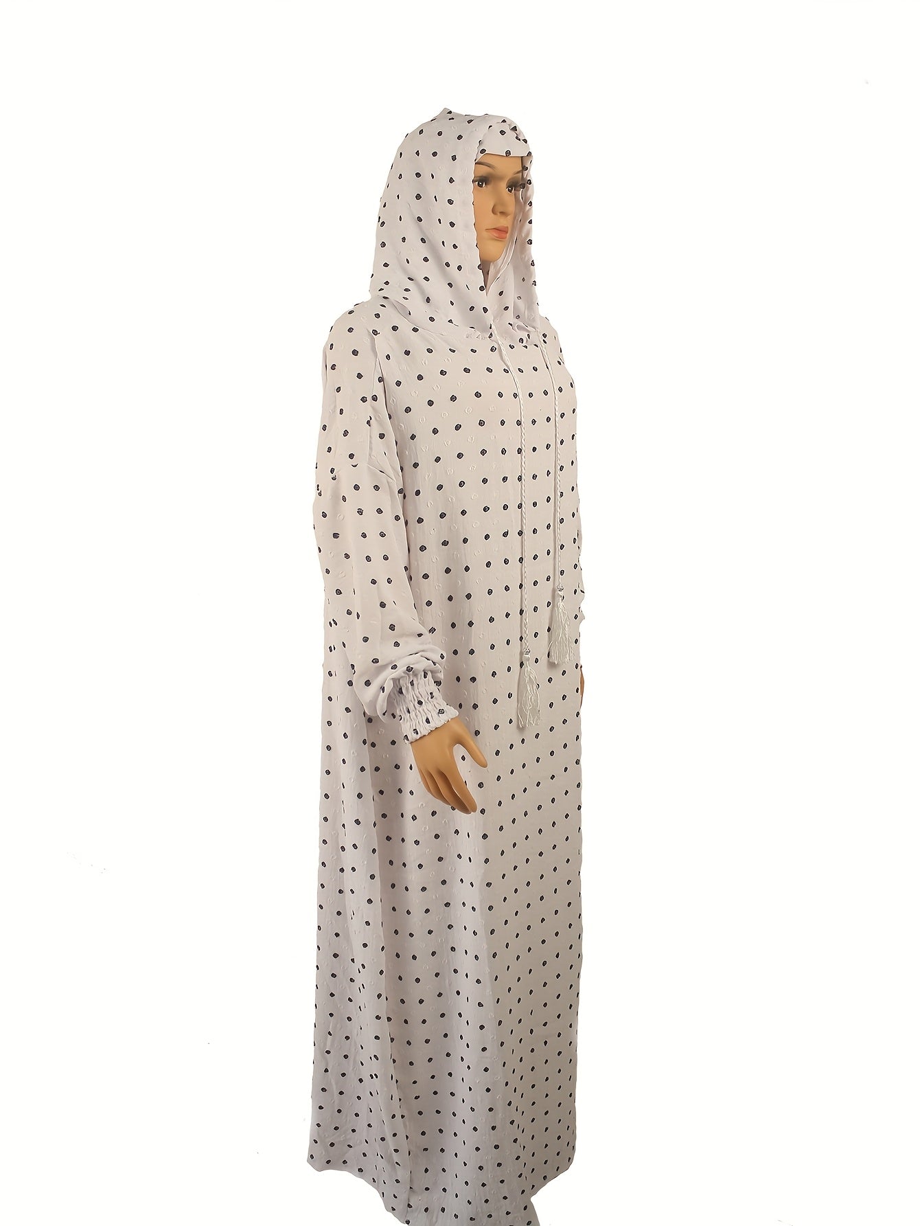 Plus o'lchamli polka nuqta abaya kaftan bo'sh fit maxi kiyim bilan kapşonli oq qora