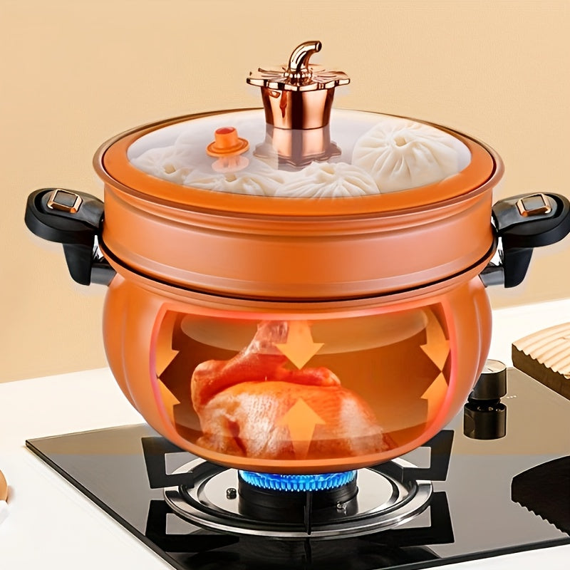 Mikro-bosimda pishiruvchi, bug'li, katta sig'imli, ikki quloqli dizayn, issiqlik izolyatsiyasi, uy oshxonasi uchun qovoq shaklidagi ko'p qatlamli pishirish qozoni