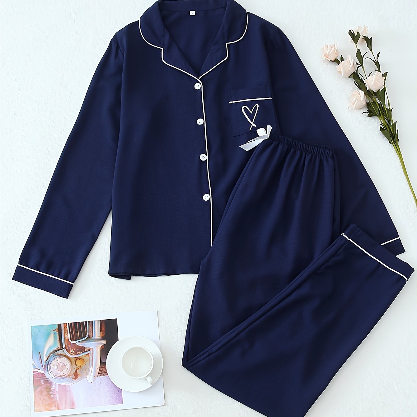 Women's Heart Print Pajama Set Long Sleeve Button Top Elastic Waistband Pants Fall Lounge Sleepwear