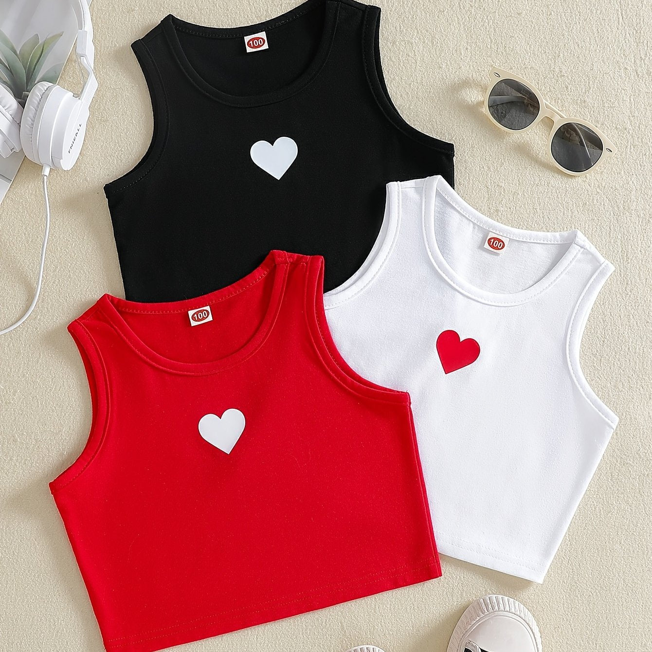Girls' Cotton Blend Tank Tops with Heart Pattern for Ages 12 and Under