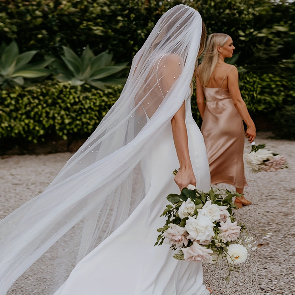 Wedding Veil with Comb Church Floor Long Triple Wide Rice Pearl Bridal Accessory