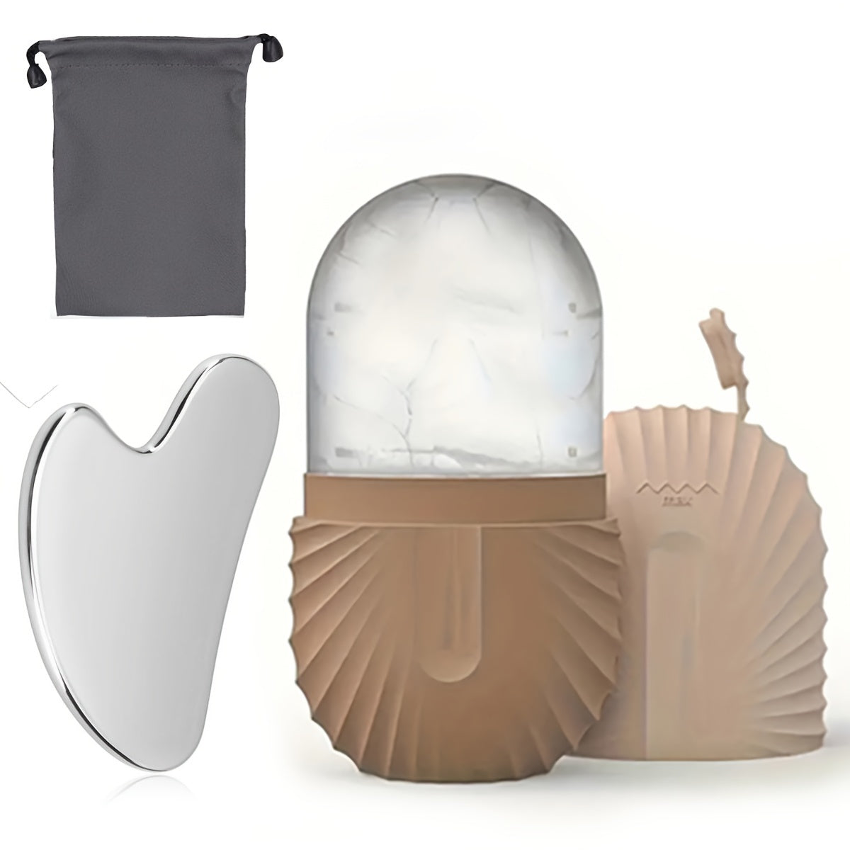 Silicone muz ruloni va zanglamaydigan po'lat Gua Sha to'plami yuz massaji uchun saqlash sumkasi bilan