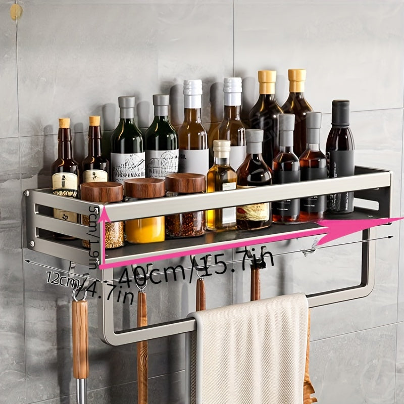 Wall-Mounted Kitchen Storage Rack with Seasoning Shelf and Utensil Holder