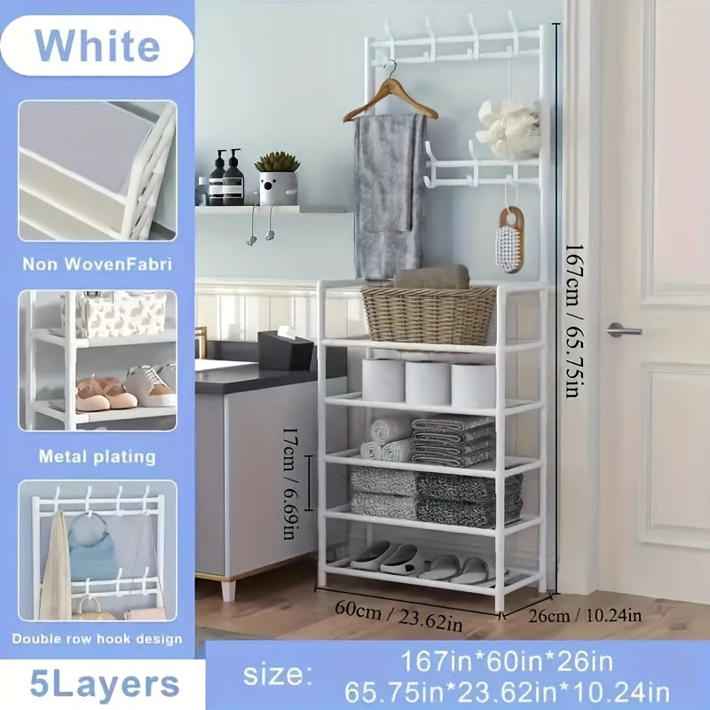 Black Metal Entryway Organizer Coat Rack with Hooks and Shoe Shelves 152.4cm