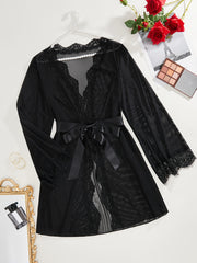 Black Mesh Lingerie Robe with Lace and Satin Belt for Nightwear