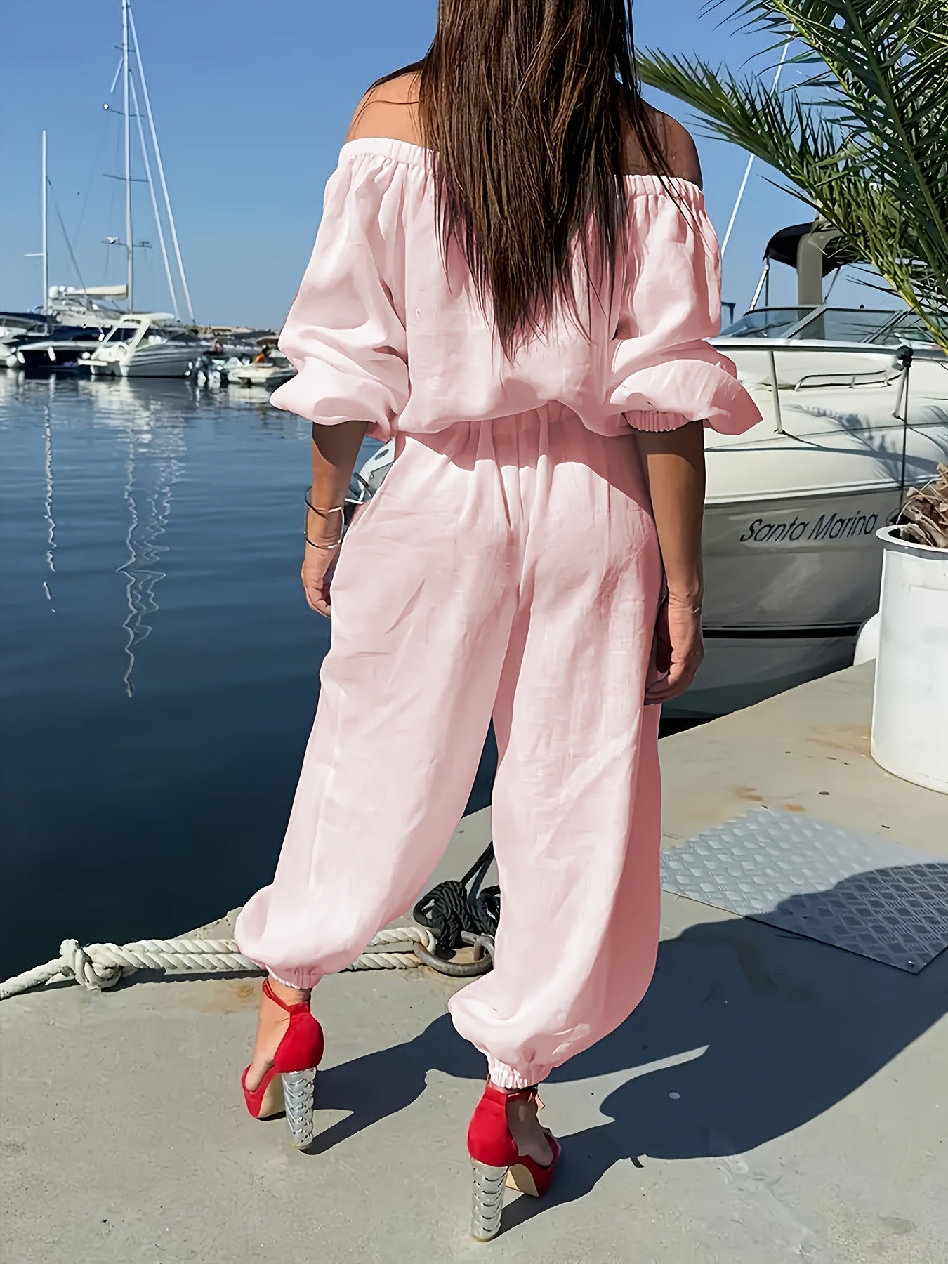 Mono de mujer de talla grande con hombros descubiertos y pantalón ancho, transpirable y casual para verano