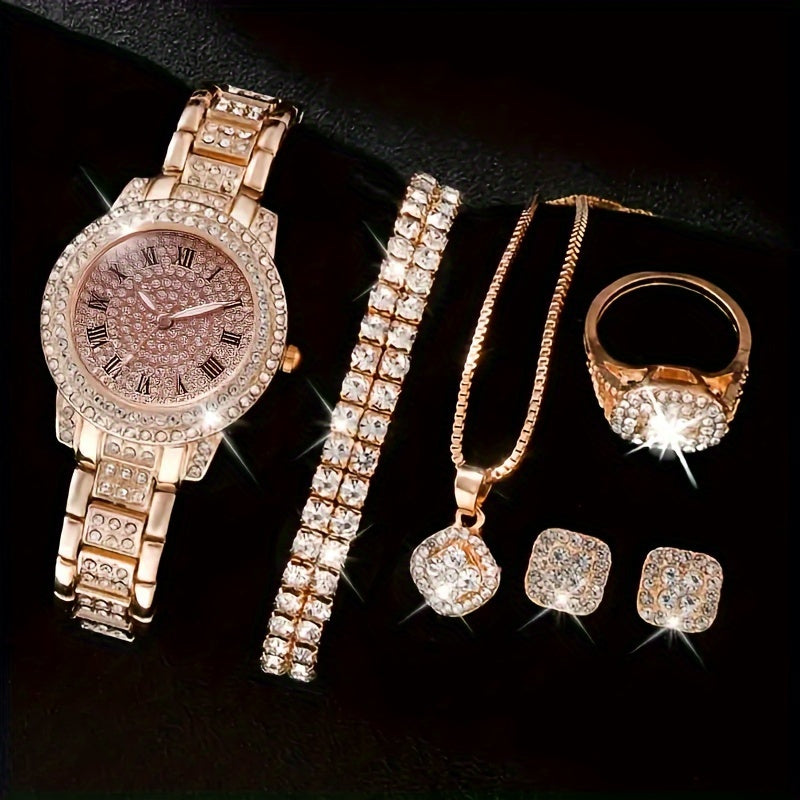 Women's Jewelry Set with Rose Gold Stainless Steel Quartz Watch Necklace Earrings Bracelet Roman Numerals