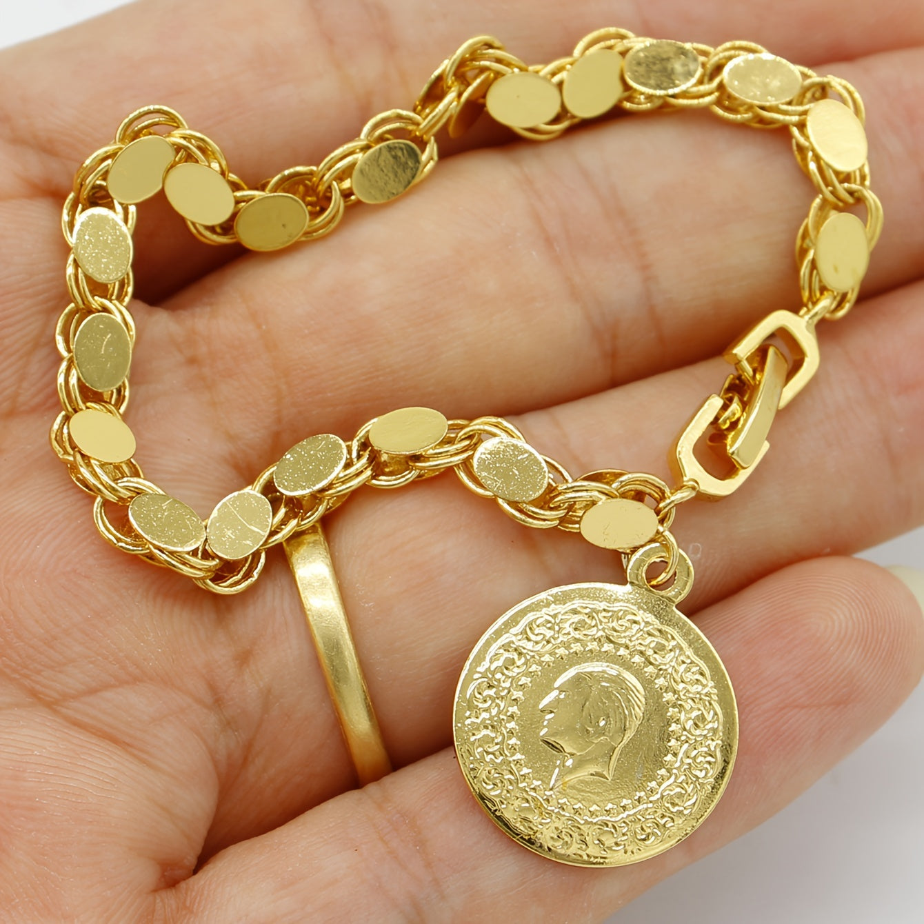 Gold-Plated Turkish Lira Pendant Bracelet for Women and Men