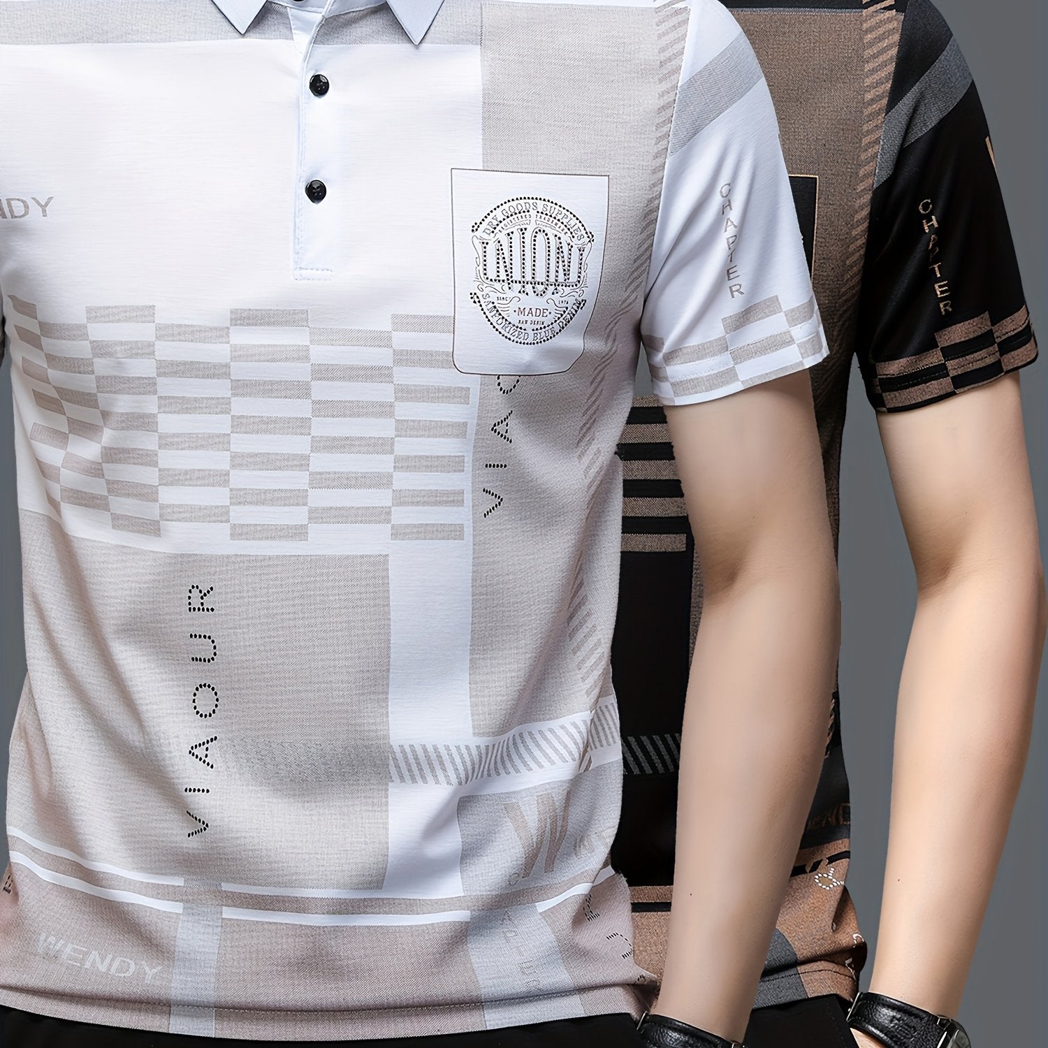 Conjunto de camisetas polo de verano para hombre, manga corta, patrón de cuadros, adornos en inglés