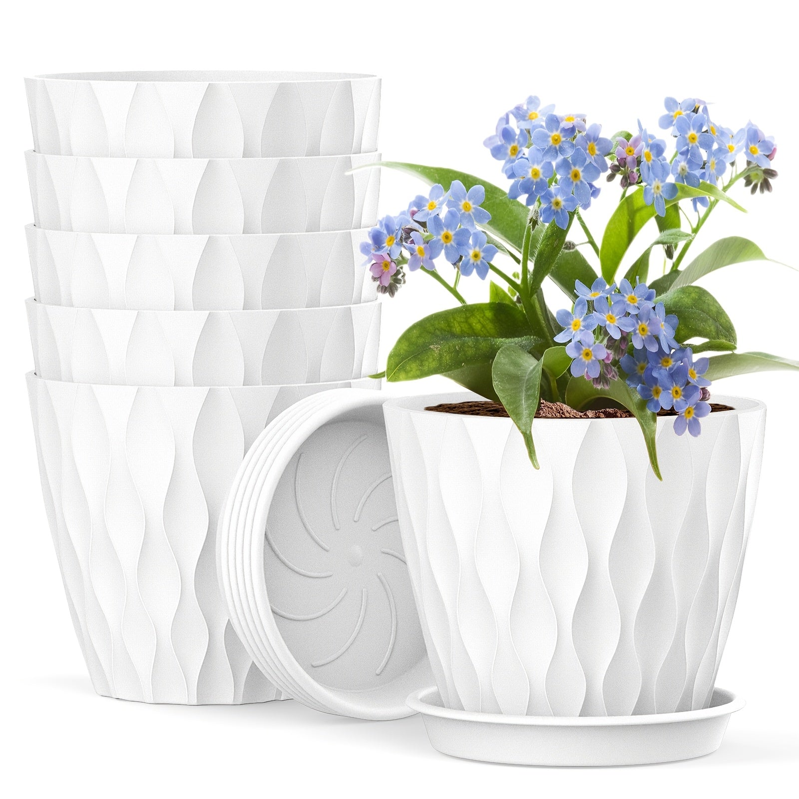 Set of 6 Plastic Round Planters with Drainage Holes for Indoor Outdoor Succulents Herbs Flowers