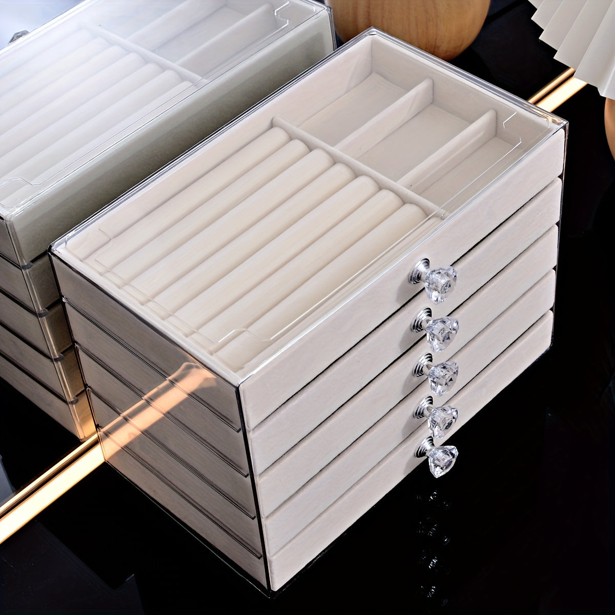 Caja de joyería de cinco capas con cajones para anillos, pendientes, pulseras y relojes. Almacenamiento de plástico con interior de tela