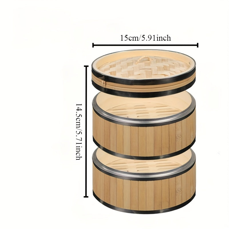 Cesta de bambú con tapa de acero inoxidable para dumplings, mariscos, verduras, uso en el hogar y al aire libre