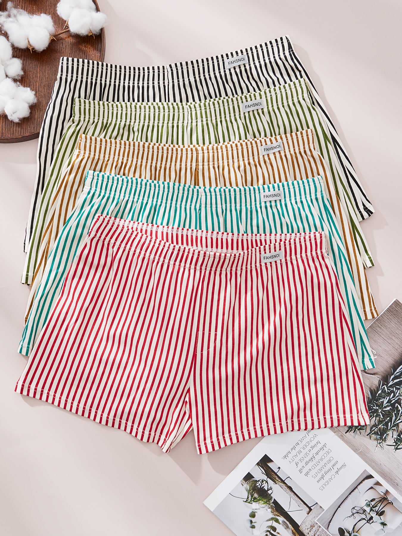 Men's Cotton Blend Striped Boxer Briefs Set of 5 Breathable Comfortable Underwear