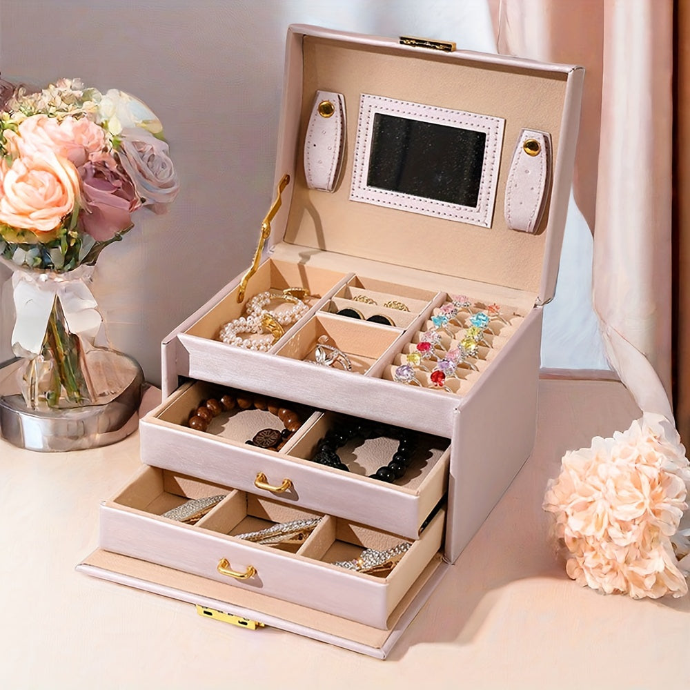 Легкая фиолетовая шкатулка для украшений с замком, зеркалом и двойными ящиками для женщин