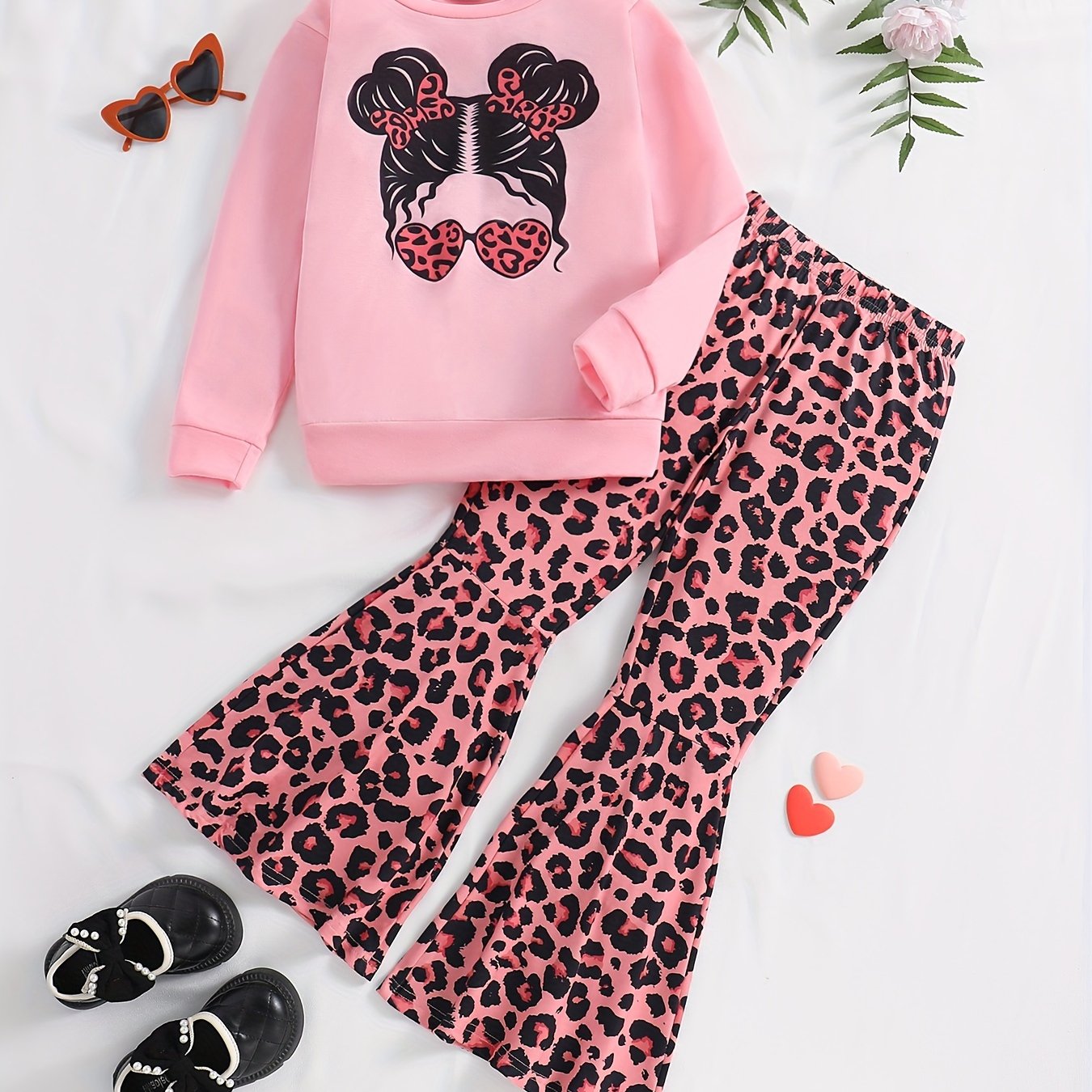 Girls' 2-Piece Outfit Sweatshirt and Leopard Flared Pants with Sunglasses for Spring Fall Kids