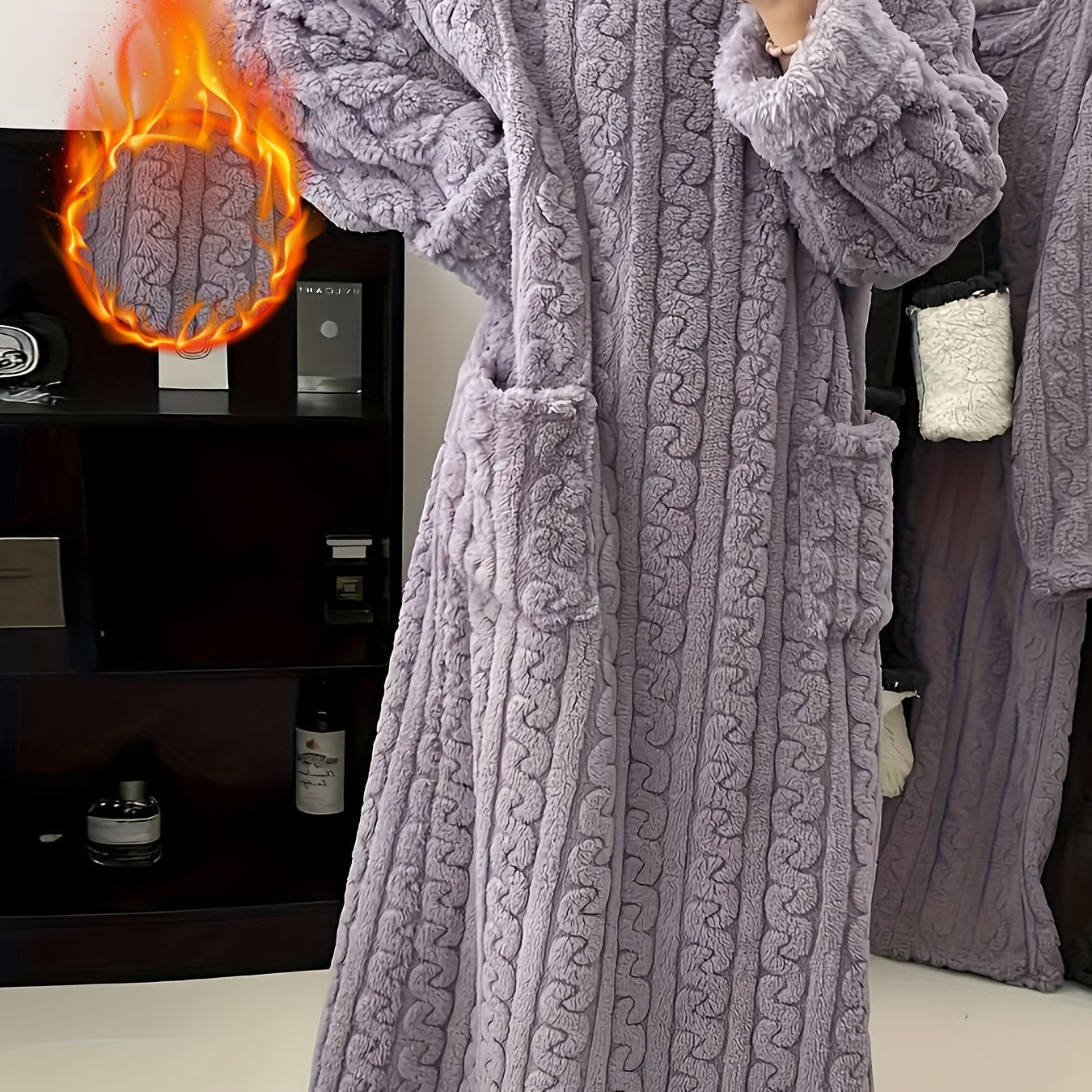 Long Coral Fleece Nightgown for Women Warm Autumn Winter Pajama Bathrobe with Pockets