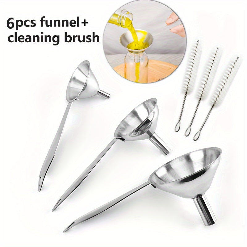Set of 6 Stainless Steel Funnels with Long Handles and Brushes for Oil and Wine Transfer