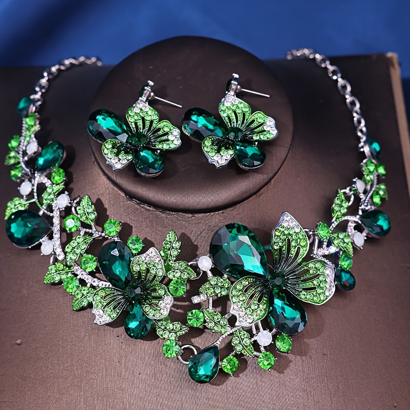 Romantic Flower Shaped Rhinestone Necklace and Earrings Set for Formal Dress