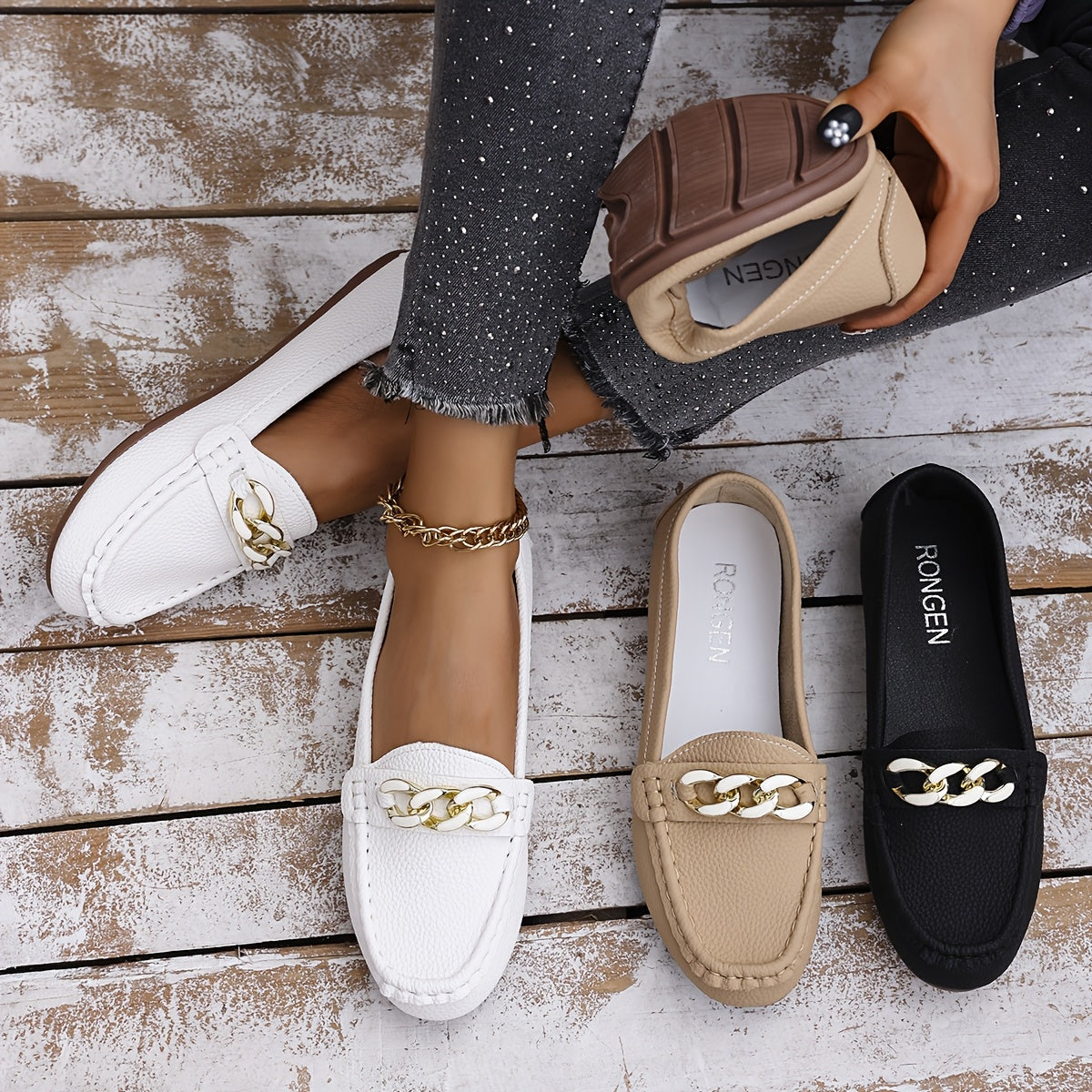Women's Slip-On Loafers White Beige Black with Gold Chain Rubber Sole