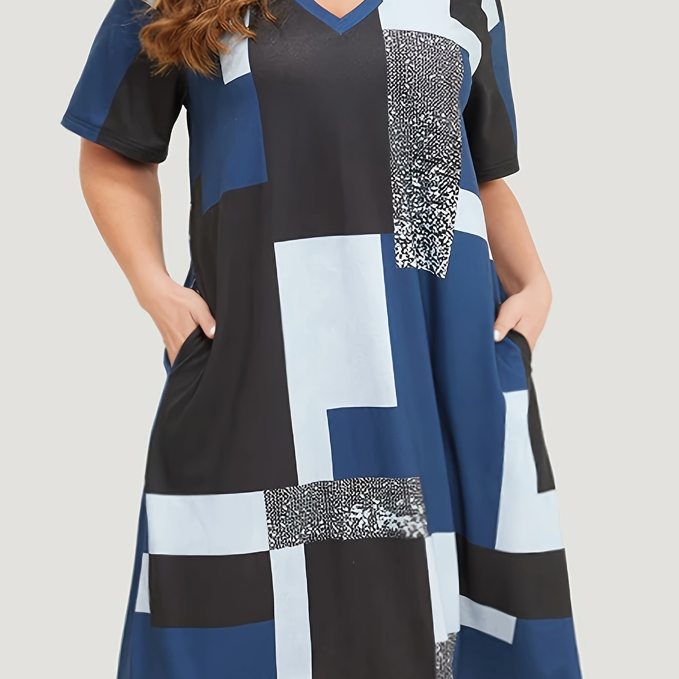 Plus Size Lounge Dress Women's Patchwork Print V Neck Sleep Dress With Pockets