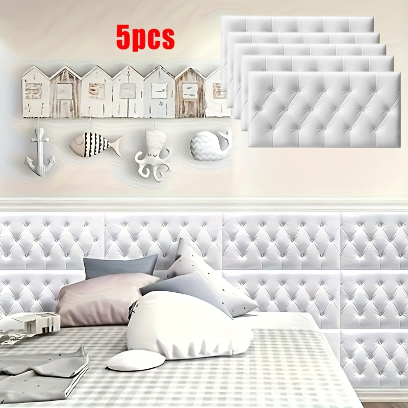 Set of 5 White 3D Self-Adhesive Wall Panels for Bedroom and Living Room