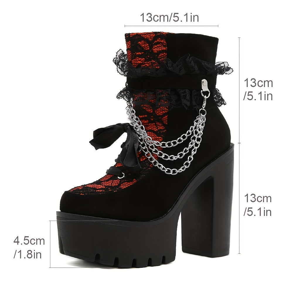 Women's Gothic Lace Ankle Boots Chunky Heel Side Zipper All-Season Black Red