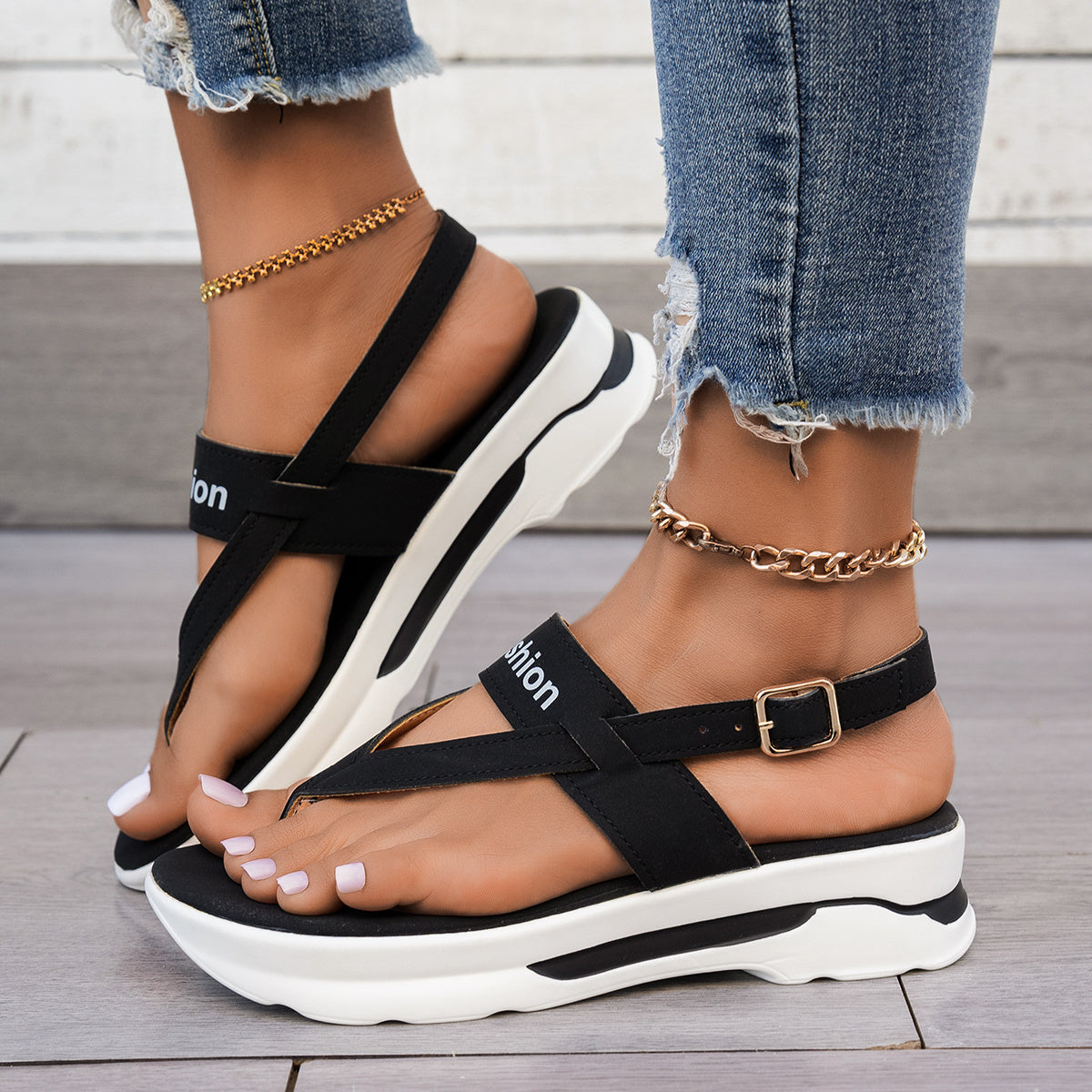 Women's Open-Toe Wedge Sandals With Buckle Straps Summer Flat Polyurethane