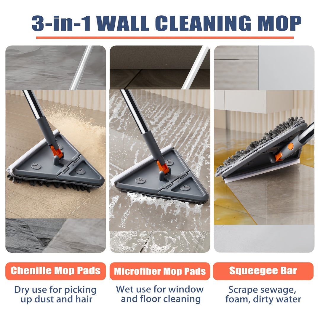 Multi-Functional Triangle Mop for Walls and Ceilings, Adjustable, Collapsible, 4 Washable Microfiber Pads