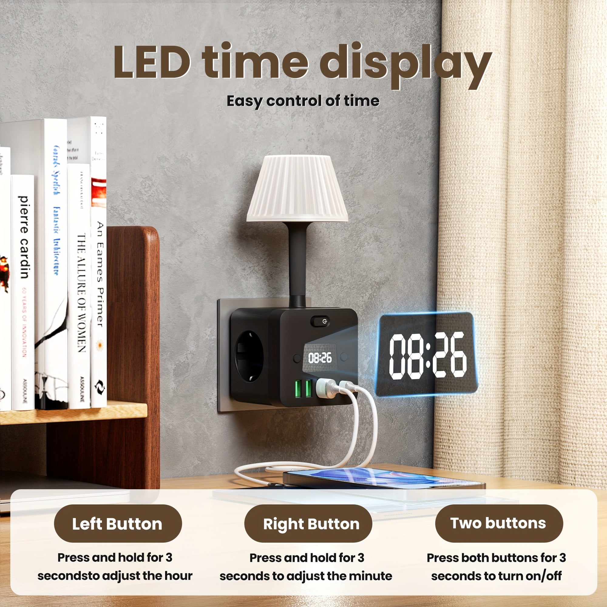 Smart Wall Outlet Power Strip with Desk Lamp 4-Sided Surge Protection USB-C AC