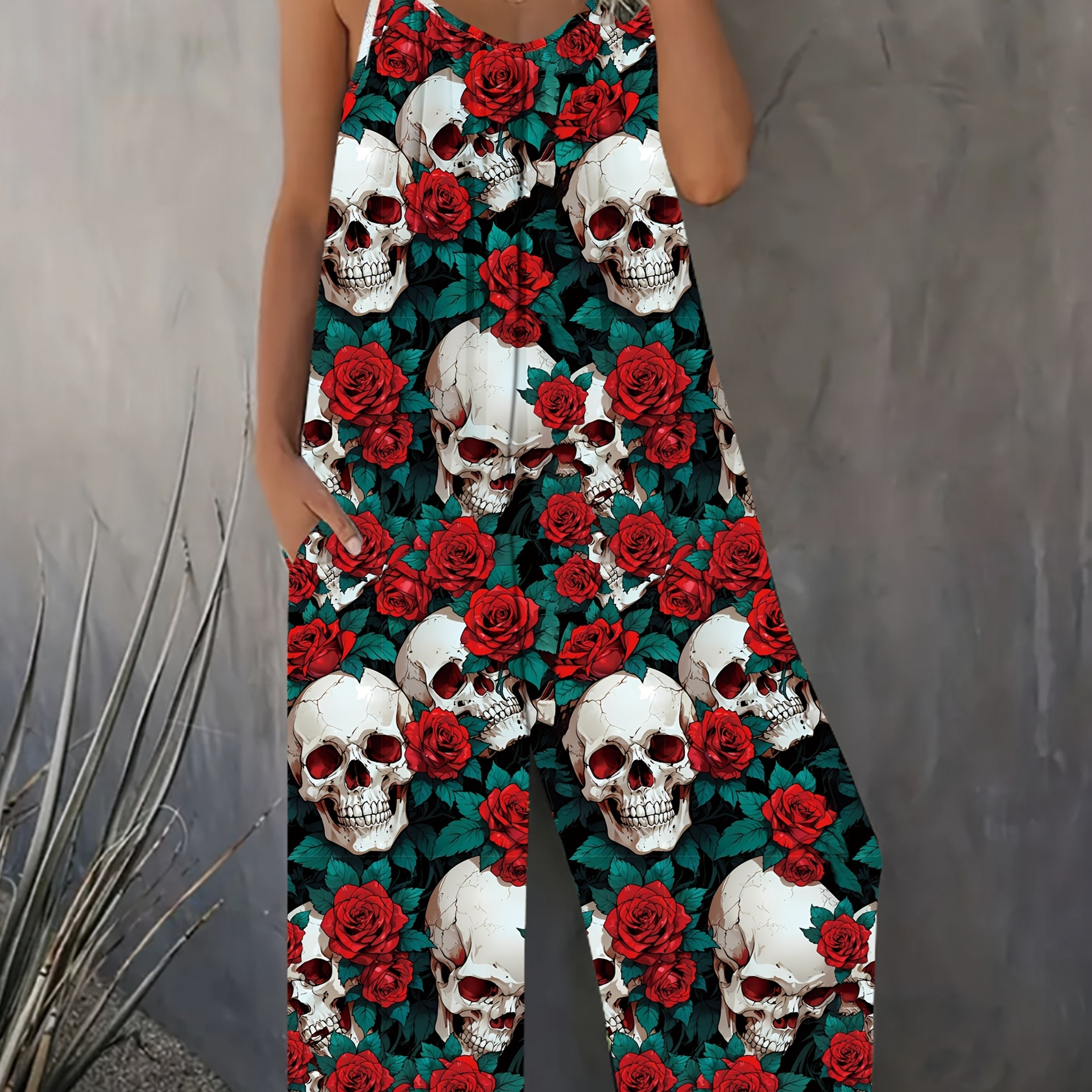 Women’s Floral Print Jumpsuit Polyester Spandex Crew Neck All Seasons