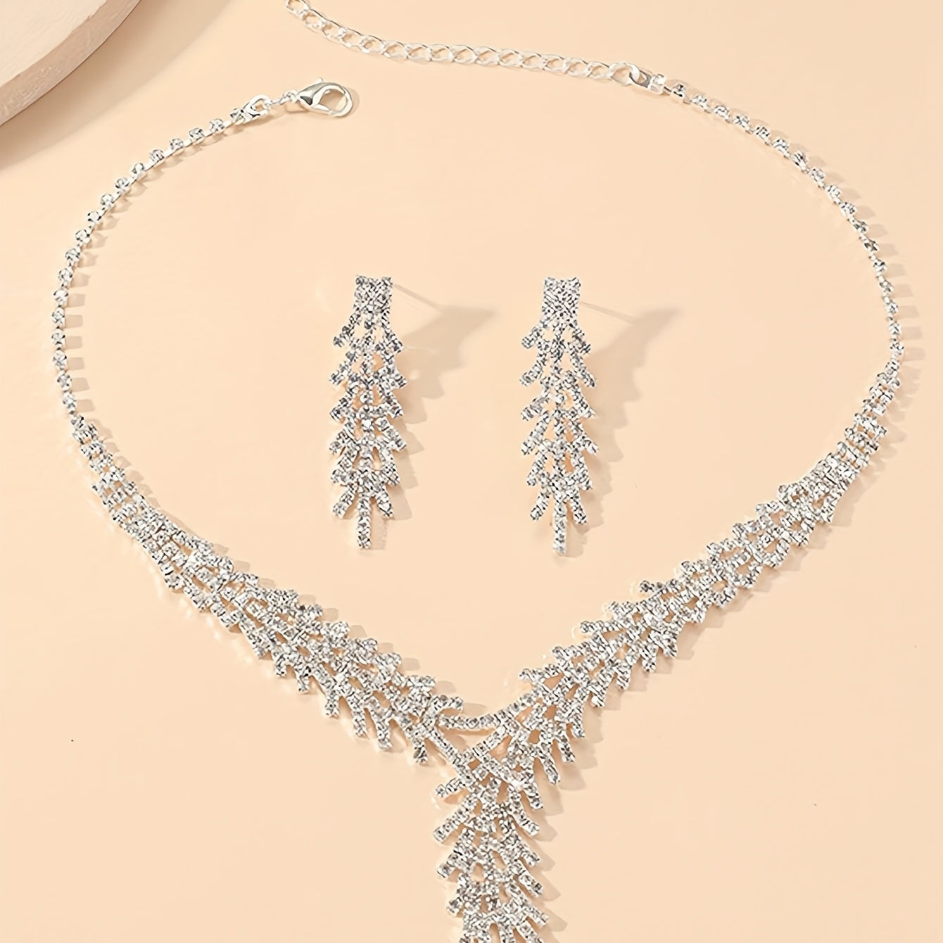 Silver Plated Jewelry Set with Rhinestone Earrings and Necklace for Women