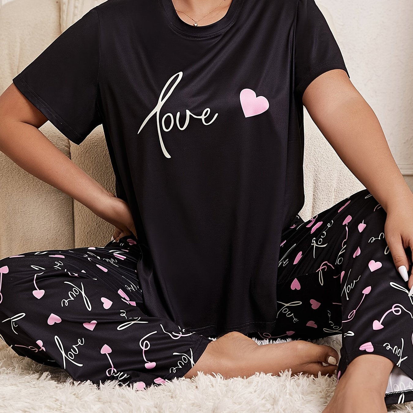 Plus Size Womens Pajama Set Colorful Heart Print Long Sleeve Top and Pants