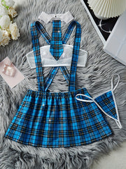 Women's Color Block Plaid Lingerie Set with Strapless Bra Suspender Skirt and Thong