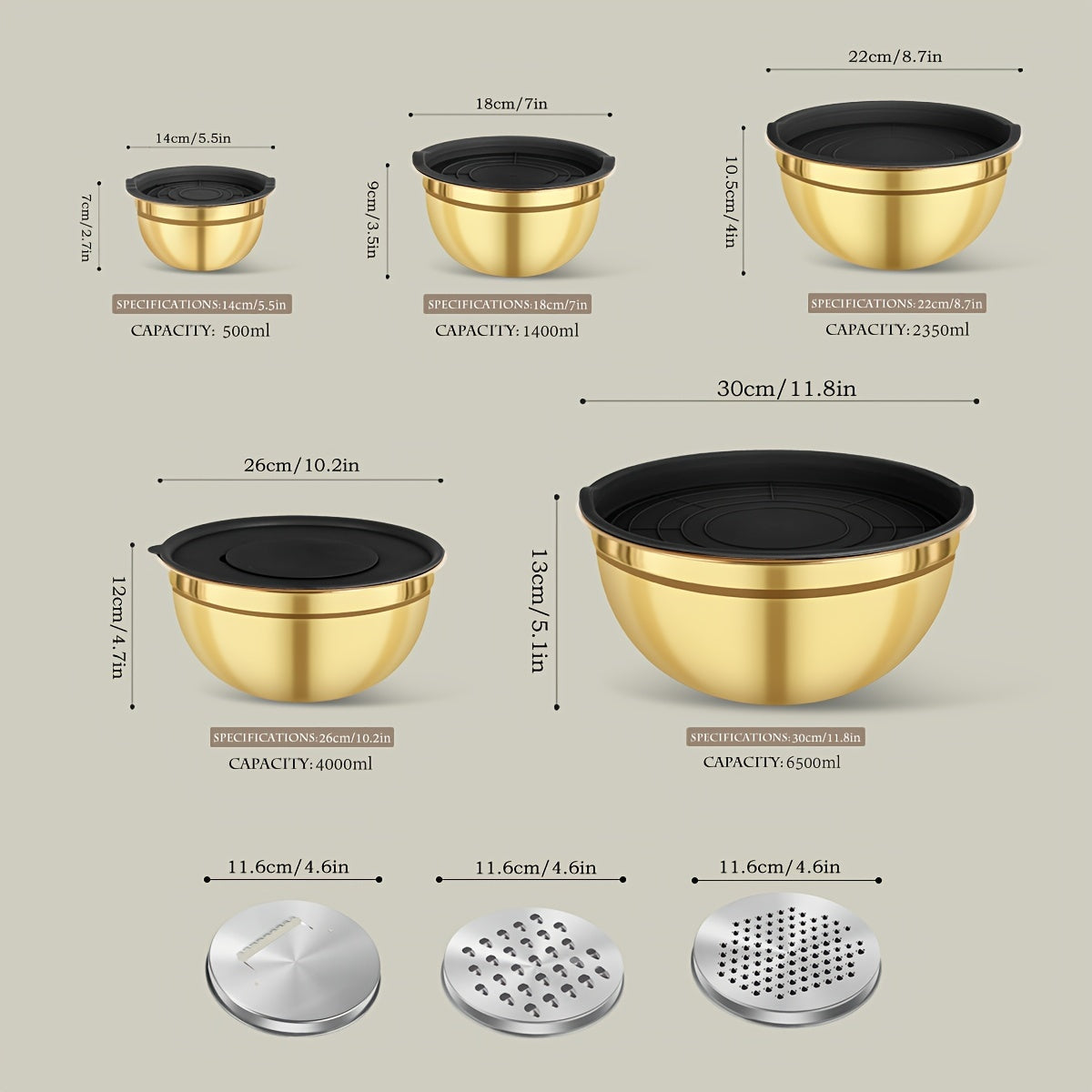 Set of 3 or 10 Stainless Steel Mixing Bowls with Lids and Grater, Rust-Resistant