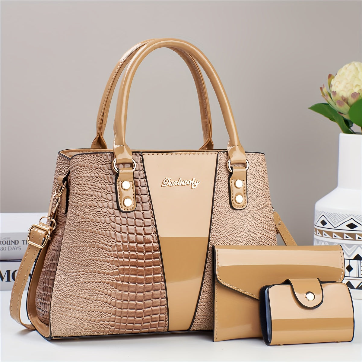 3-Piece PU Handbag Set with Crocodile Pattern Crossbody Shoulder Bag and Coin Purse