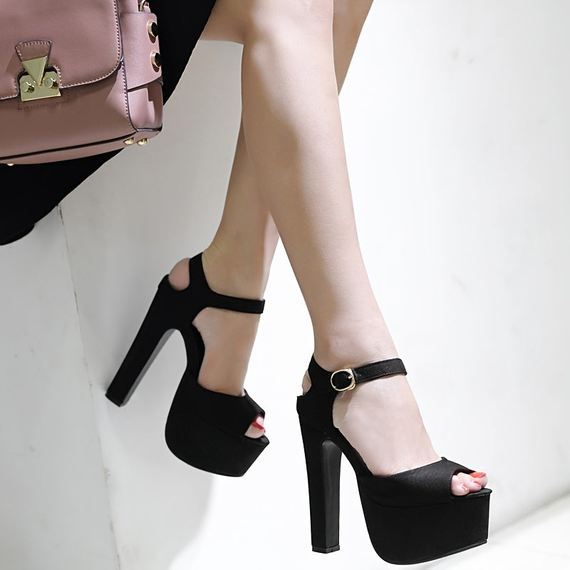 Black Peep Toe Slingback Heels with Ankle Buckle Strap for Parties and Shows
