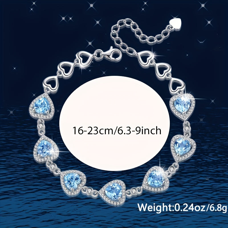 Sterling Silver Heart Charm Bracelet Cubic Zirconia Wedding Gift for Women