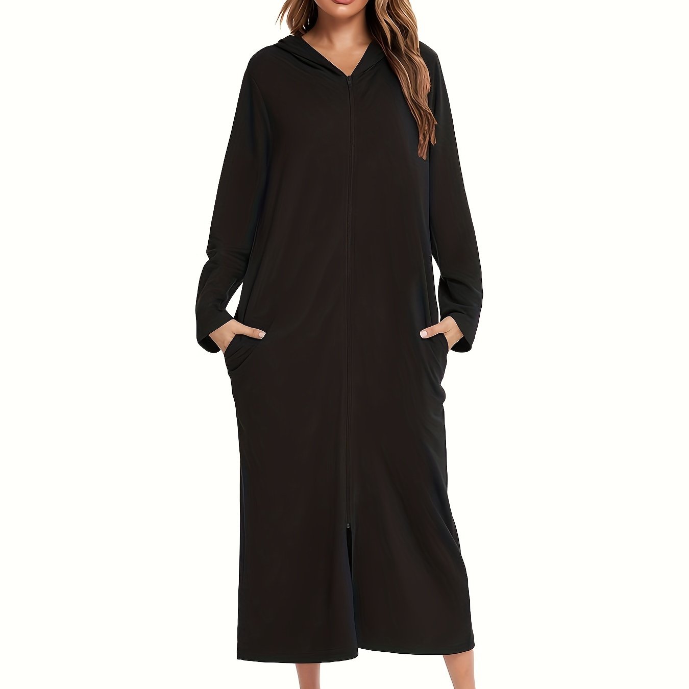 Women's Hooded Zip-Up Lounge Dress Solid Long Sleeve Casual Knit Fabric