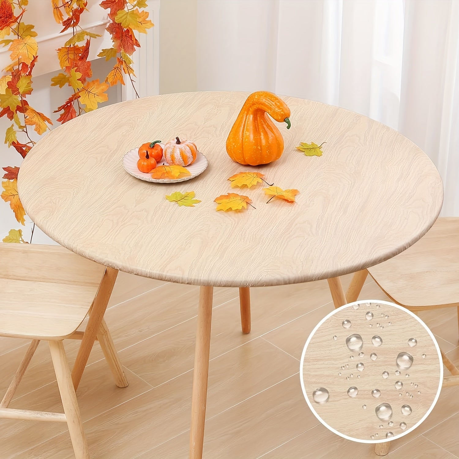 Vinyl Tablecloth with Wood Grain Design Waterproof Elastic Fit for Indoor Outdoor Dining