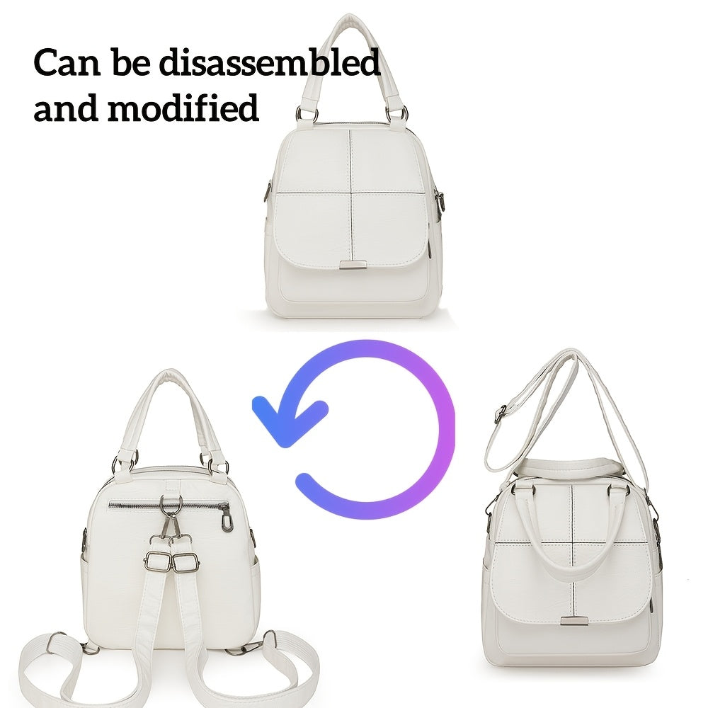 Bolso convertible para mujer vintage con mochila, de cuero sintético, con cremallera blanca y correa desmontable