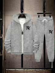 Plus Size Hooded Jacket Set with NY Letter Prints, Fleece Pants for Fall Winter