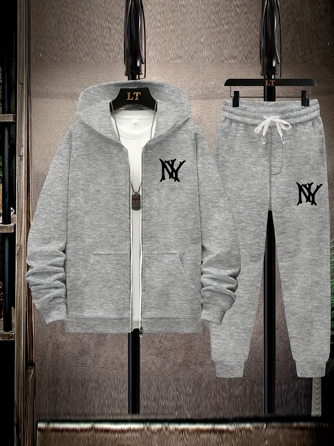 Plus Size Hooded Jacket Set with NY Letter Prints, Fleece Pants for Fall Winter