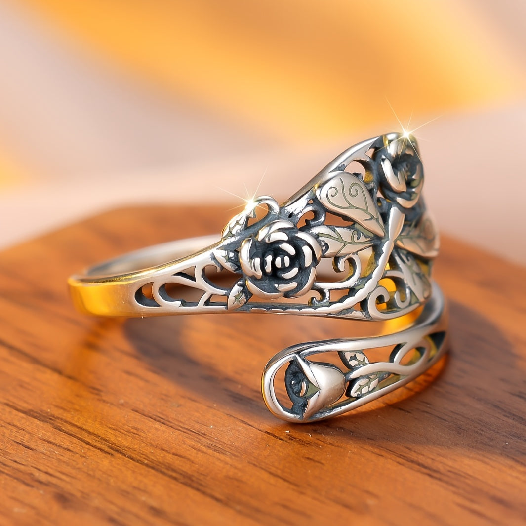 Sterling Silver Vintage Rose and Dragonfly Adjustable Ring Unisex Gift