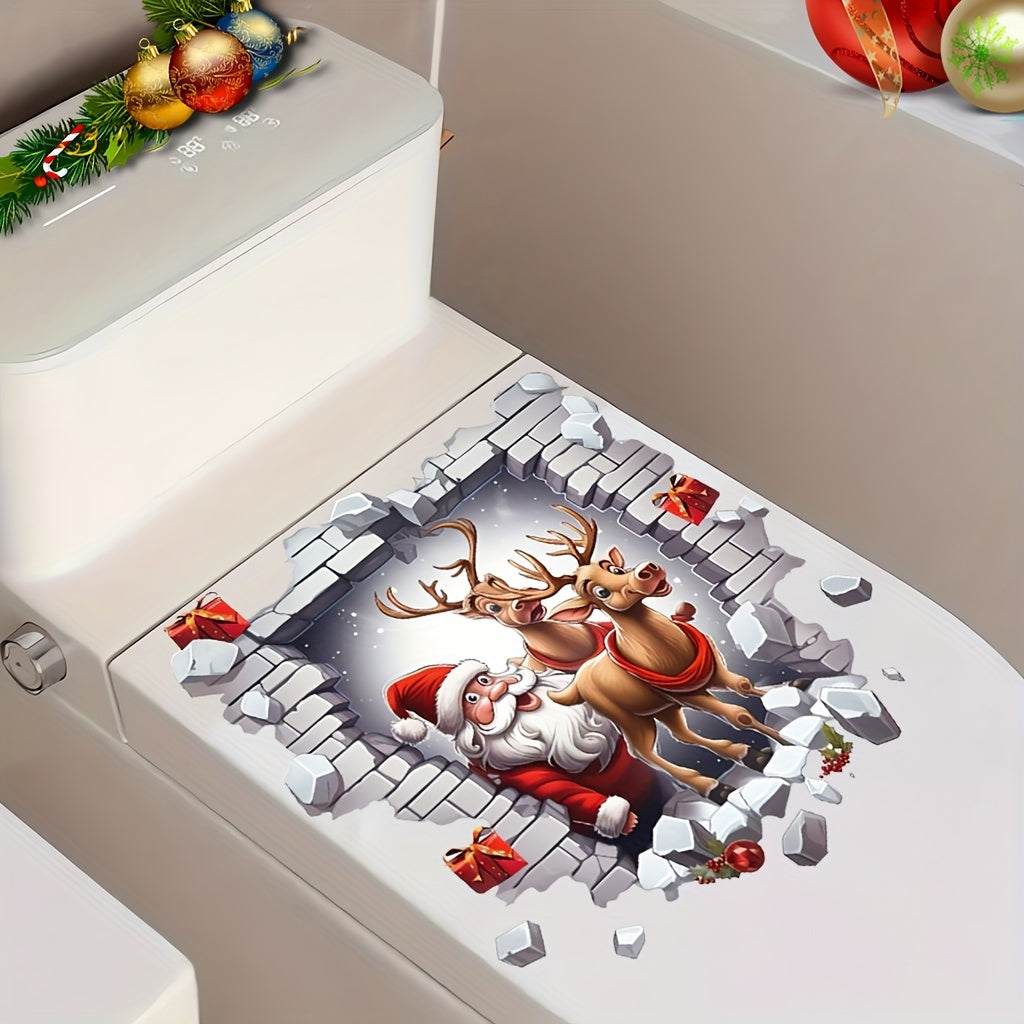 Christmas Santa and Reindeer Toilet Lid Sticker Waterproof Removable Holiday Decor