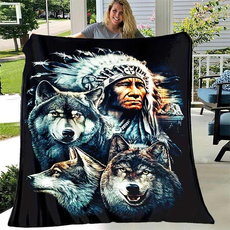 Retro Indian and Wolf Pattern Printed Blanket with Flange Soft Warm Fabric for Sofa Bed Camping