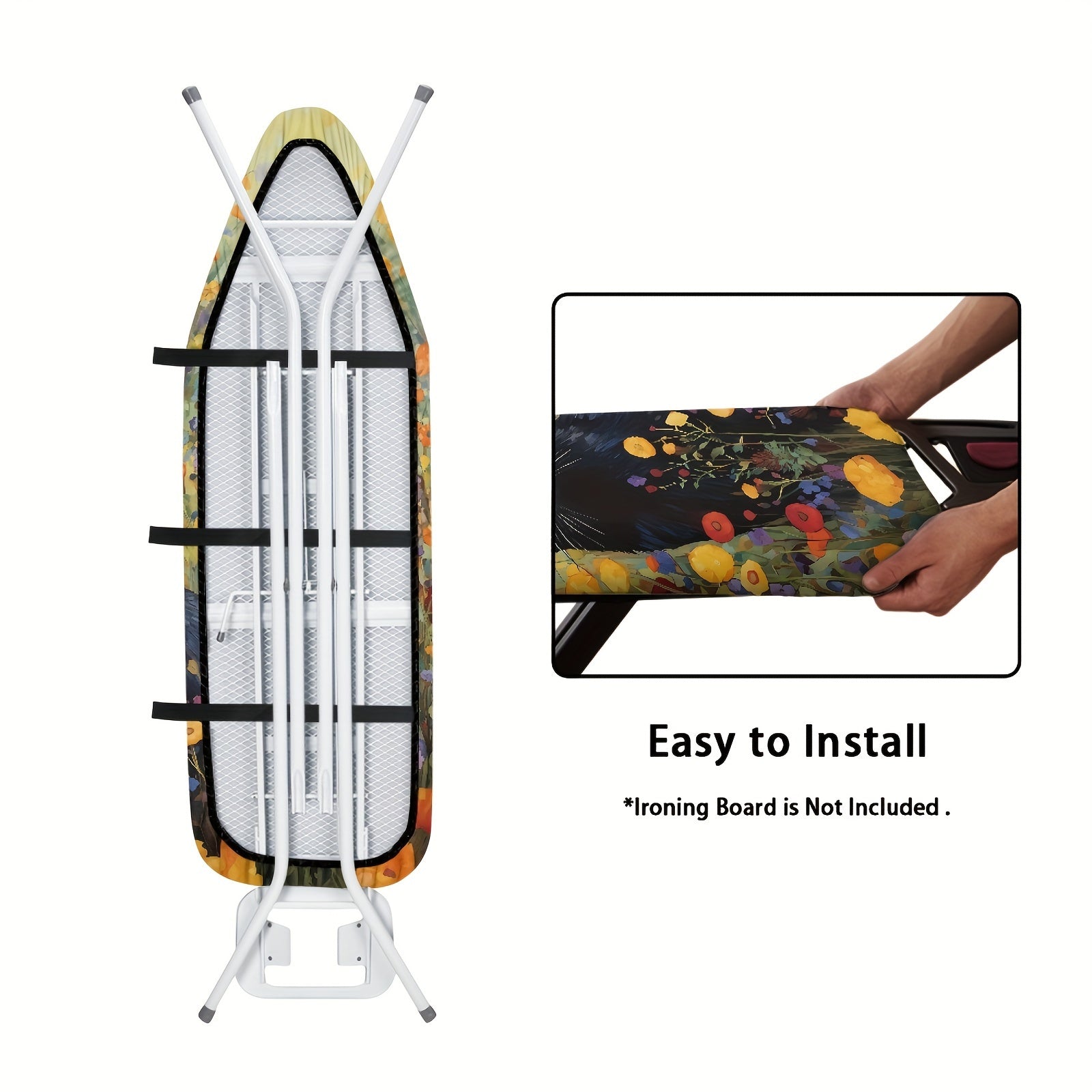 Qora mushuk gullari naqshiga ega elastik chetli dazmol taxtasi qopqog'i, standart o'lchami 38.1x137.16 sm, changdan himoya qiluvchi almashtirish himoyasi, yorqin dizayn, 1-dona